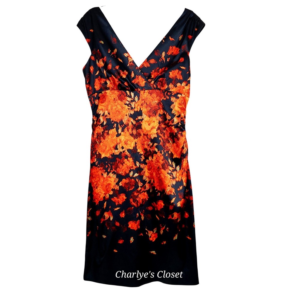 Maggy London Floral‎ Satin Dress 14 Black Orange EUC All Occasion Timeless LBD